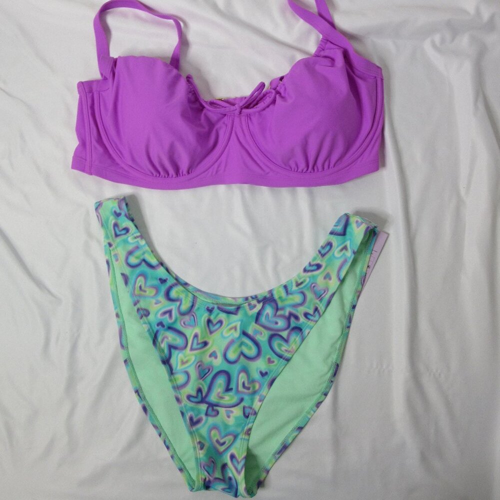 Wild Fable 2 Piece Bikini Mint Green Blue Lavender Hearts Size XL 18 NWT